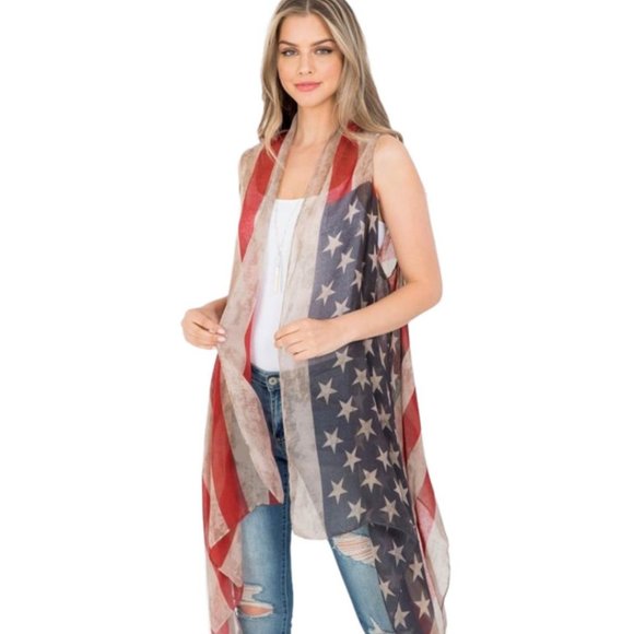 American Flag Scarf Vest Boho Antiqued Americana Festival One Size NWT - Picture 1 of 7